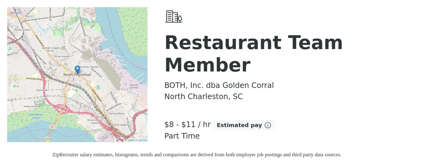 BOTH, Inc. dba Golden Corral job posting for a Restaurant Team Member in North Charleston, SC with a salary of $9 to $12 Hourly with a map of North Charleston location.