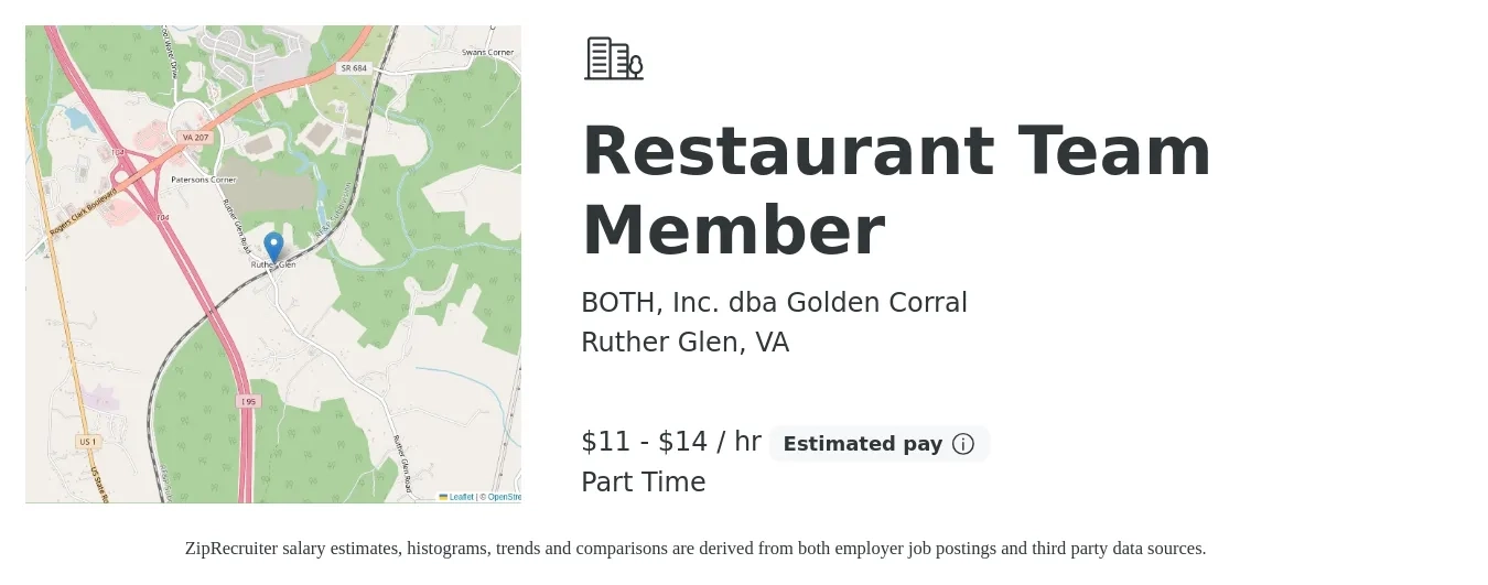 BOTH, Inc. dba Golden Corral job posting for a Restaurant Team Member in Ruther Glen, VA with a salary of $12 to $15 Hourly with a map of Ruther Glen location.