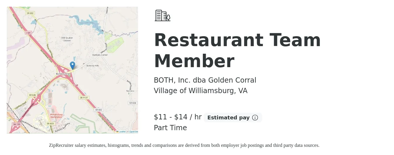 BOTH, Inc. dba Golden Corral job posting for a Restaurant Team Member in Village of Williamsburg, VA with a salary of $12 to $15 Hourly with a map of Village of Williamsburg location.
