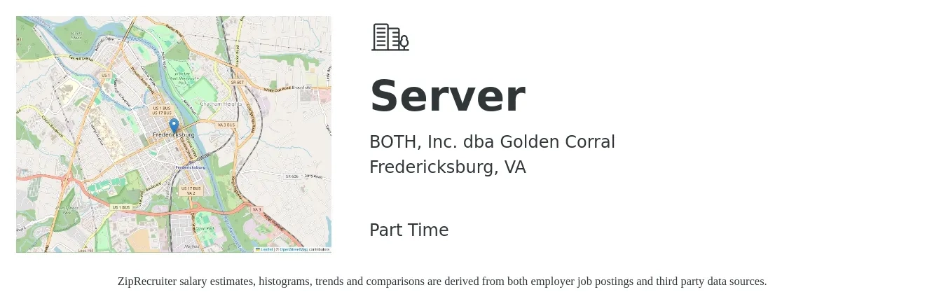 BOTH, Inc. dba Golden Corral job posting for a Server in Fredericksburg, VA with a salary of $25 Hourly with a map of Fredericksburg location.