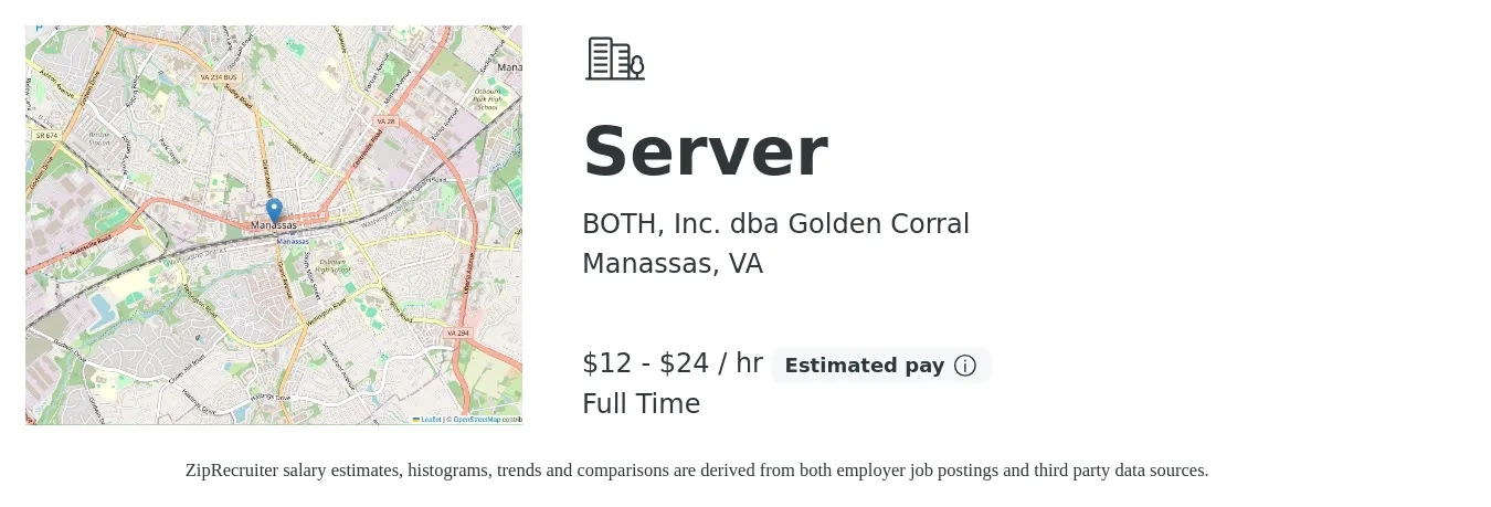 BOTH, Inc. dba Golden Corral job posting for a Server in Manassas, VA with a salary of $13 to $25 Hourly with a map of Manassas location.