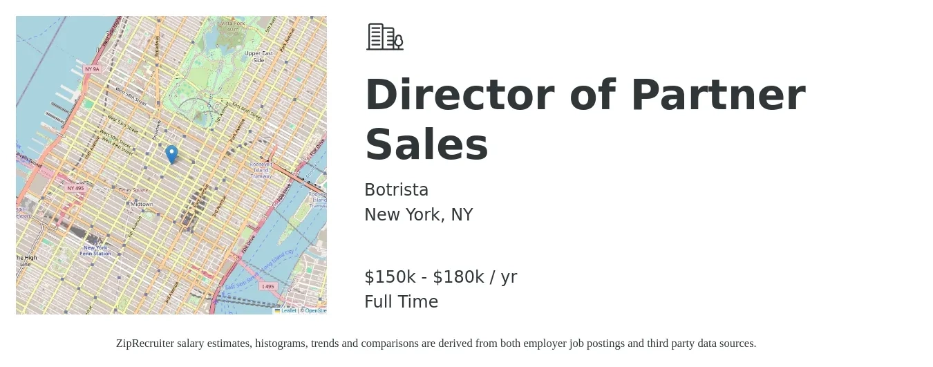 Botrista job posting for a Director of Partner Sales in New York, NY with a salary of $77,100 to $136,800 Yearly with a map of New York location.