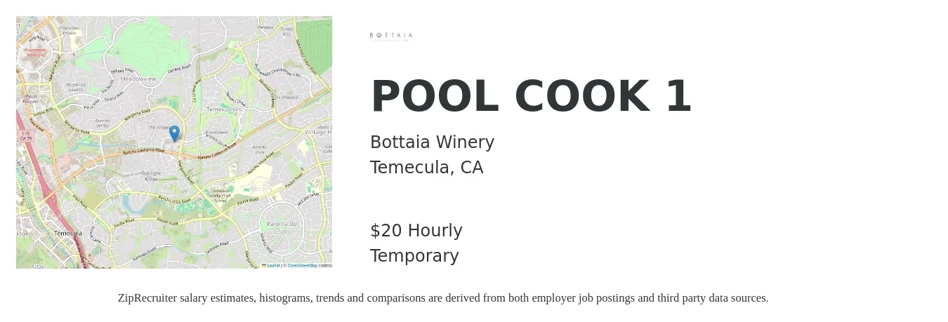 Bottaia Winery job posting for a POOL COOK 1 in Temecula, CA with a salary of $21 Hourly with a map of Temecula location.