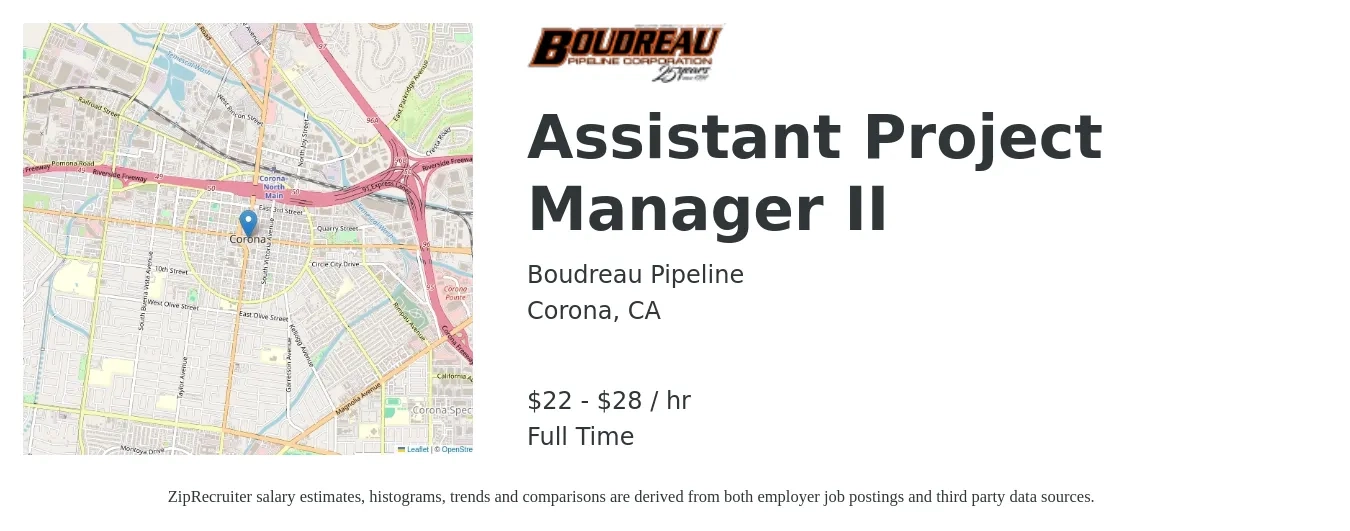 Boudreau Pipeline Corporation job posting for a Assistant Project Manager II in Corona, CA with a salary of $23 to $30 Hourly and benefits including dental, life_insurance, medical, pto, retirement, and vision with a map of Corona location.