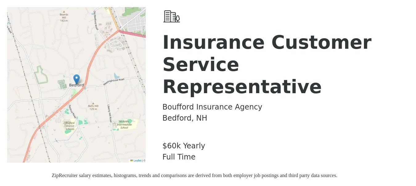 Boufford Insurance Agency job posting for a Insurance Customer Service Representative in Bedford, NH with a salary of $60,000 Yearly with a map of Bedford location.