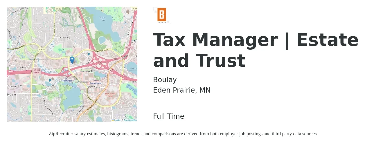 Boulay job posting for a Tax Manager | Estate and Trust in Eden Prairie, MN with a salary of $113,200 to $148,300 Yearly with a map of Eden Prairie location.