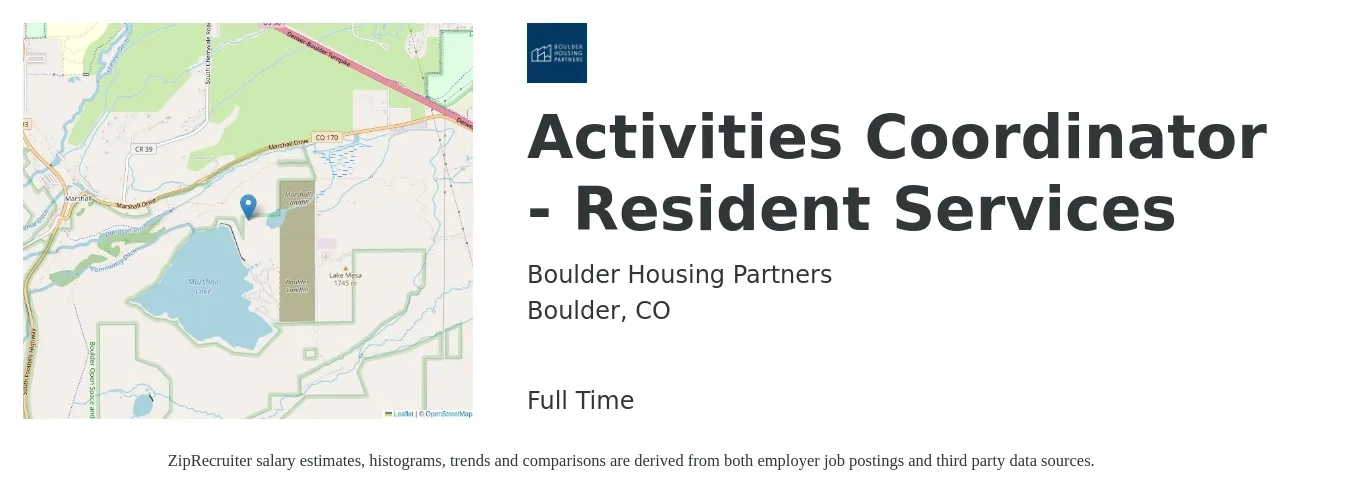 Boulder Housing Partners job posting for a Activities Coordinator - Resident Services in Boulder, CO with a salary of $16 to $22 Hourly with a map of Boulder location.