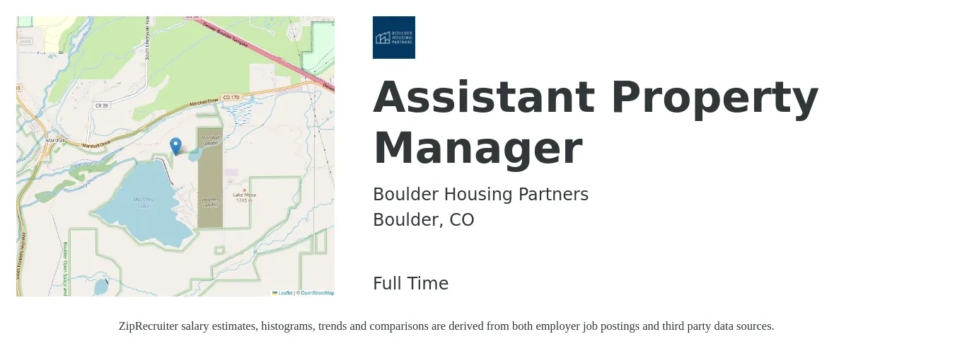 Boulder Housing Partners job posting for a Assistant Property Manager in Boulder, CO with a salary of $19 to $26 Hourly with a map of Boulder location.