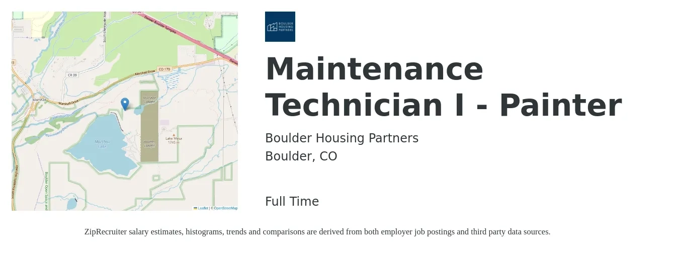 Boulder Housing Partners job posting for a Maintenance Technician I - Painter in Boulder, CO with a salary of $21 to $24 Hourly with a map of Boulder location.