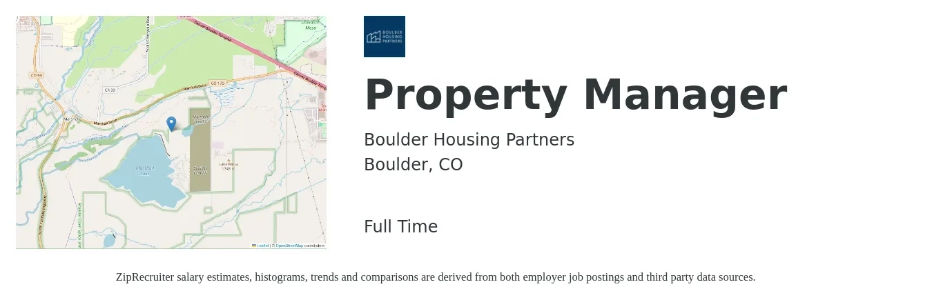 Boulder Housing Partners job posting for a Property Manager in Boulder, CO with a salary of $45,600 to $70,500 Yearly with a map of Boulder location.