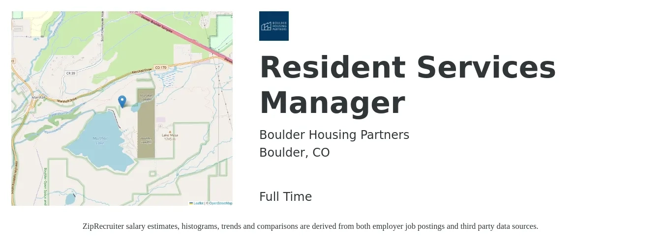 Boulder Housing Partners job posting for a Resident Services Manager in Boulder, CO with a salary of $47,700 to $77,300 Yearly with a map of Boulder location.