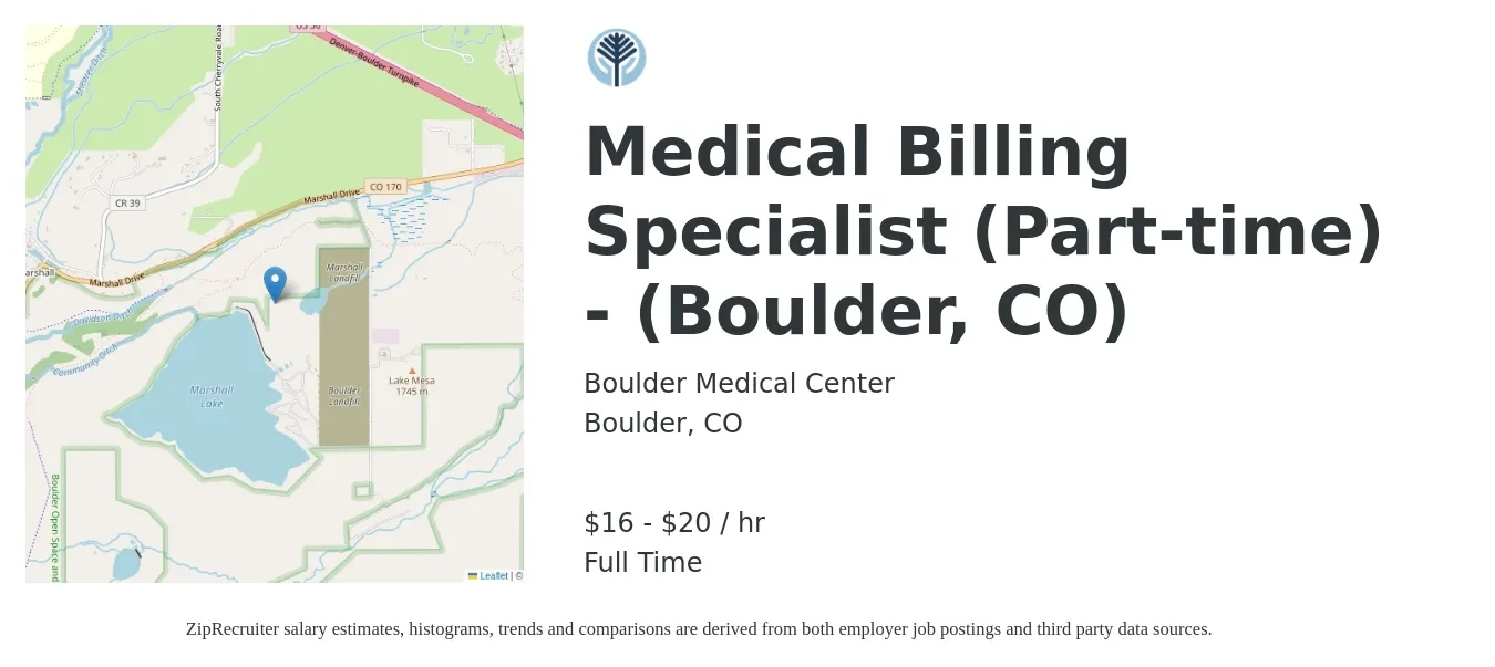 Boulder Medical Center job posting for a Medical Billing Specialist (Part-time) - (Boulder, CO) in Boulder, CO with a salary of $17 to $22 Hourly with a map of Boulder location.