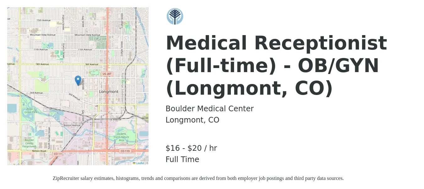 Boulder Medical Center job posting for a Medical Receptionist (Full-time) - OB/GYN (Longmont, CO) in Longmont, CO with a salary of $17 to $22 Hourly with a map of Longmont location.