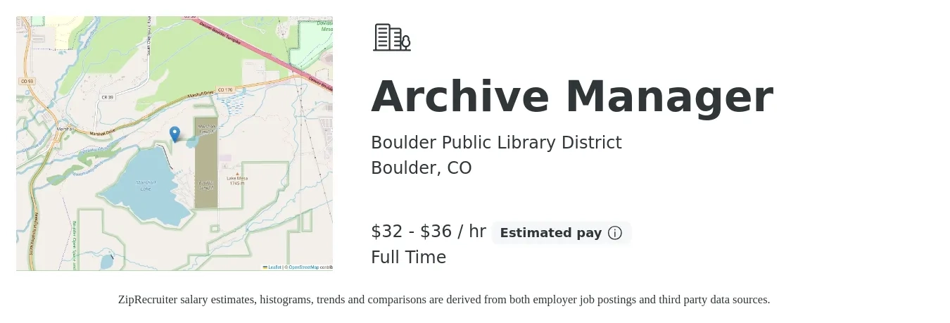 Boulder Public Library District job posting for a Archive Manager in Boulder, CO with a salary of $34 to $38 Hourly with a map of Boulder location.
