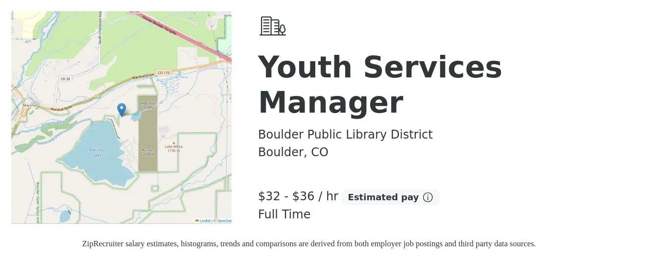Boulder Public Library District job posting for a Youth Services Manager in Boulder, CO with a salary of $34 to $38 Hourly with a map of Boulder location.