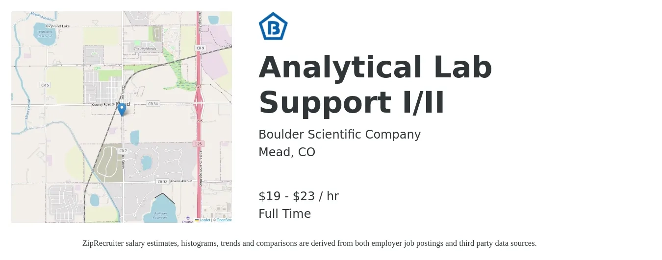 Boulder Scientific Company job posting for a Analytical Lab Support I/II in Mead, CO with a salary of $20 to $24 Hourly with a map of Mead location.