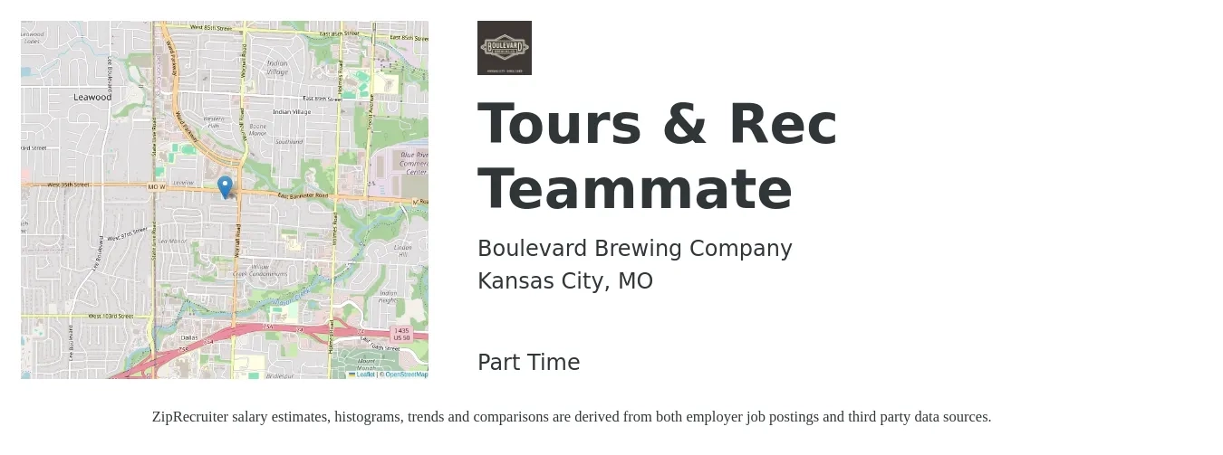 Boulevard Brewing Company job posting for a Tours & Rec Teammate in Kansas City, MO with a map of Kansas City location.