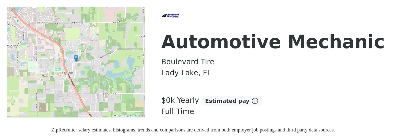 Boulevard Tire job posting for a Automotive Mechanic in Lady Lake, FL with a salary of $16 to $18 Yearly with a map of Lady Lake location.