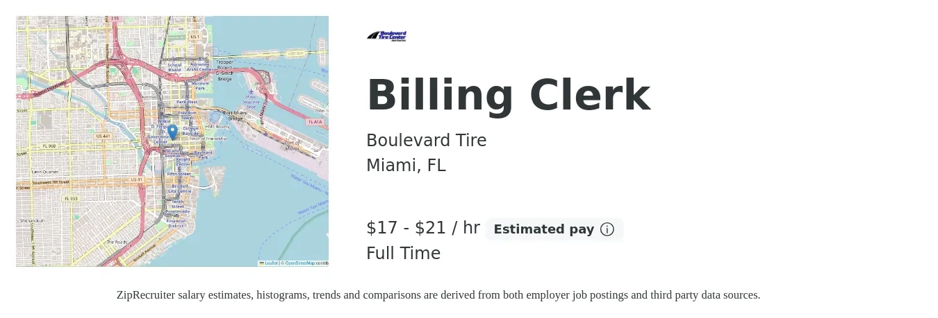 Boulevard Tire job posting for a Billing Clerk in Miami, FL with a salary of $18 to $22 Hourly with a map of Miami location.