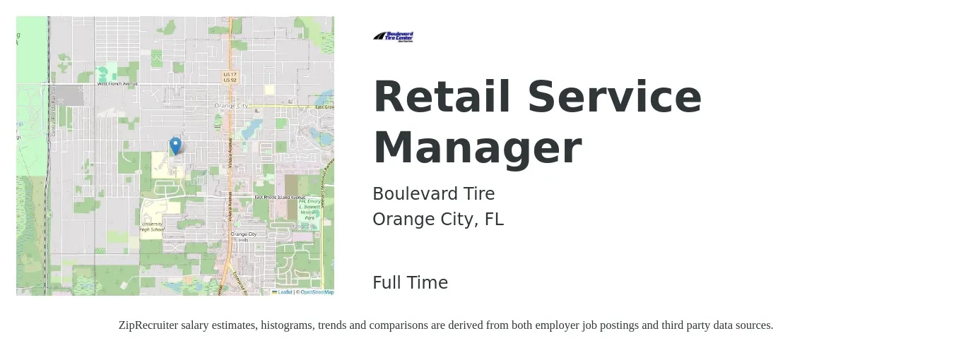 Boulevard Tire job posting for a Retail Service Manager in Orange City, FL with a salary of $16 to $24 Hourly with a map of Orange City location.
