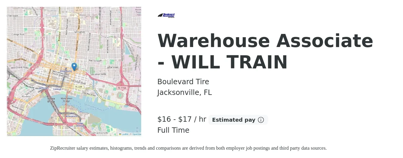 Boulevard Tire job posting for a Warehouse Associate - WILL TRAIN in Jacksonville, FL with a salary of $17 to $18 Hourly with a map of Jacksonville location.