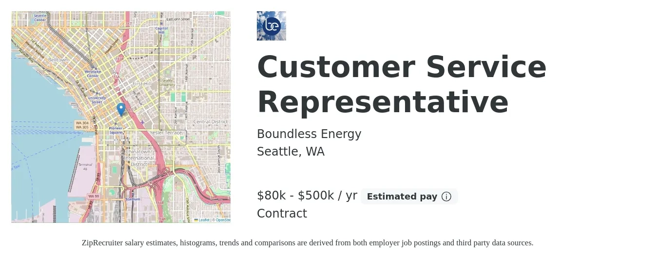 Boundless Energy job posting for a Customer Service Representative in Seattle, WA with a salary of $80,000 to $500,000 Yearly with a map of Seattle location.