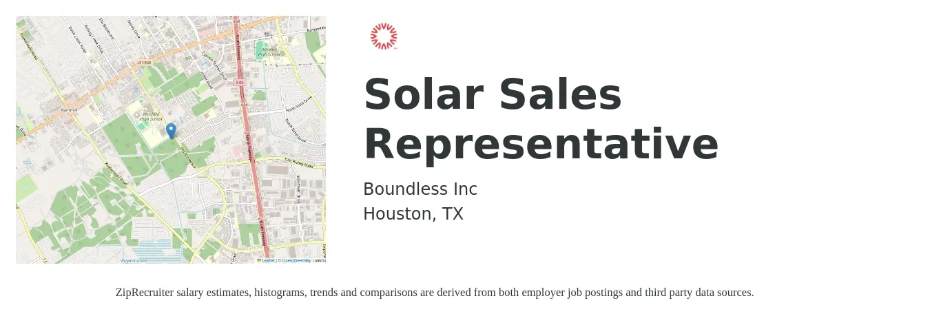 Boundless Inc job posting for a Solar Sales Representative in Houston, TX with a salary of $100,000 to $300,000 Yearly with a map of Houston location.