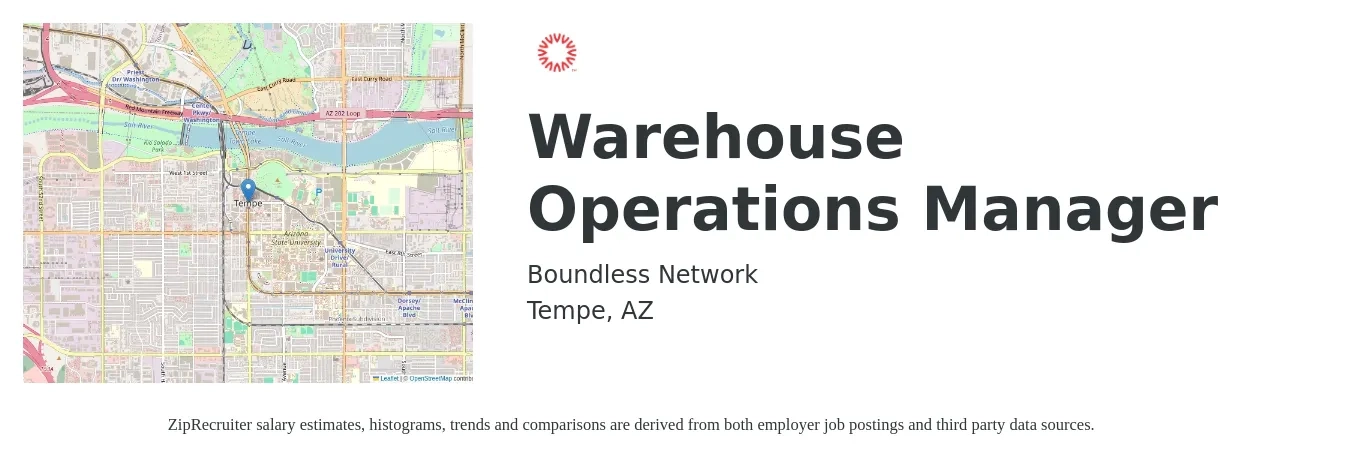 Boundless Network job posting for a Warehouse Operations Manager in Tempe, AZ with a salary of $53,500 to $78,300 Yearly with a map of Tempe location.