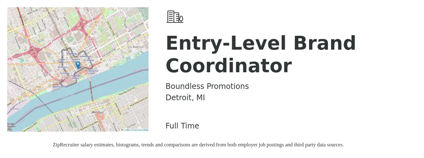 Boundless Promotions job posting for a Entry-Level Brand Coordinator in Detroit, MI with a salary of $42,100 to $47,500 Yearly with a map of Detroit location.