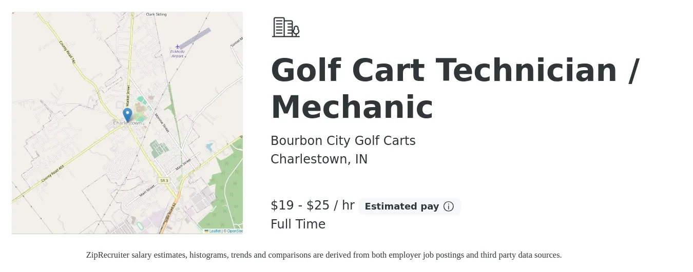 Bourbon City Golf Carts job posting for a Golf Cart Technician / Mechanic in Charlestown, IN with a salary of $20 to $26 Hourly with a map of Charlestown location.