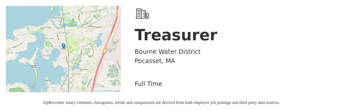Bourne Water District job posting for a Treasurer in Pocasset, MA with a salary of $49,400 to $124,300 Yearly with a map of Pocasset location.