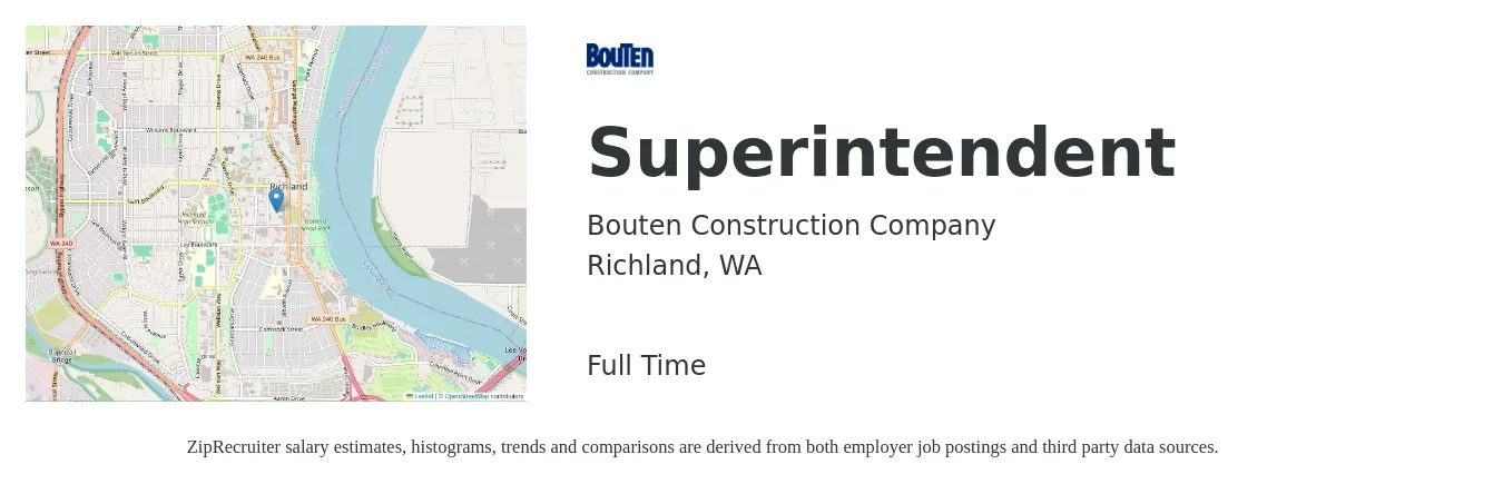 Bouten Construction Company job posting for a Superintendent in Richland, WA with a salary of $104,000 to $175,000 Yearly with a map of Richland location.