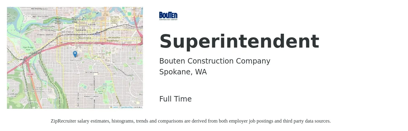 Bouten Construction Company job posting for a Superintendent in Spokane, WA with a salary of $104,000 to $175,000 Yearly with a map of Spokane location.