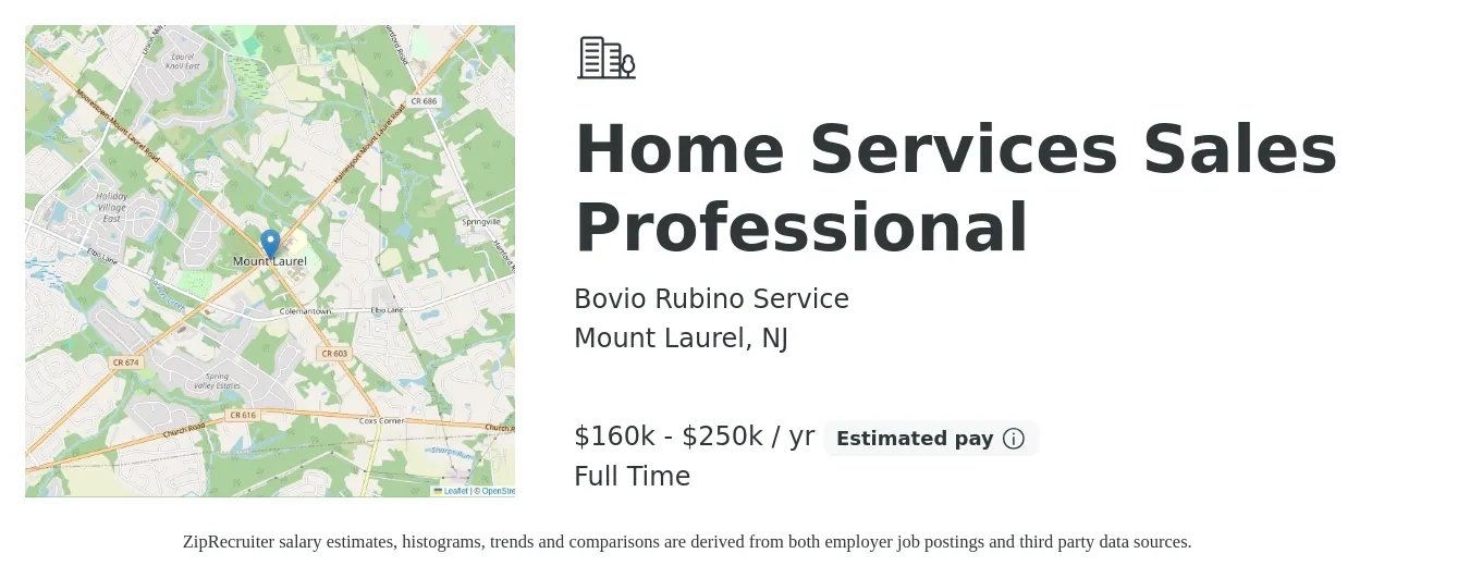 Bovio Rubino Service job posting for a Home Services Sales Professional in Mount Laurel, NJ with a salary of $160,000 to $250,000 Yearly with a map of Mount Laurel location.