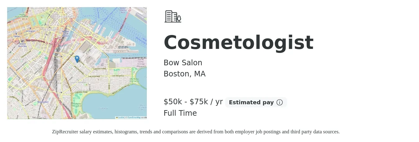 Bow Salon job posting for a Cosmetologist in Boston, MA with a salary of $50,000 to $75,000 Yearly with a map of Boston location.