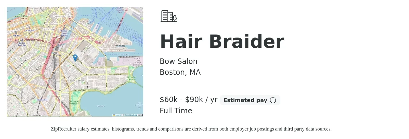 Bow Salon job posting for a Hair Braider in Boston, MA with a salary of $60,000 to $90,000 Yearly with a map of Boston location.