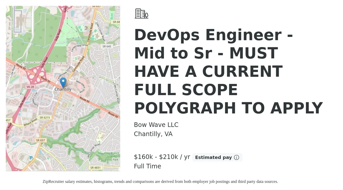 Bow Wave LLC job posting for a DevOps Engineer - Mid to Sr - MUST HAVE A CURRENT FULL SCOPE POLYGRAPH TO APPLY in Chantilly, VA with a salary of $160,000 to $210,000 Yearly with a map of Chantilly location.