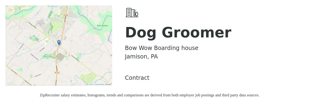 Bow Wow Boarding house job posting for a Dog Groomer in Jamison, PA with a salary of $250 to $1,000 Weekly with a map of Jamison location.