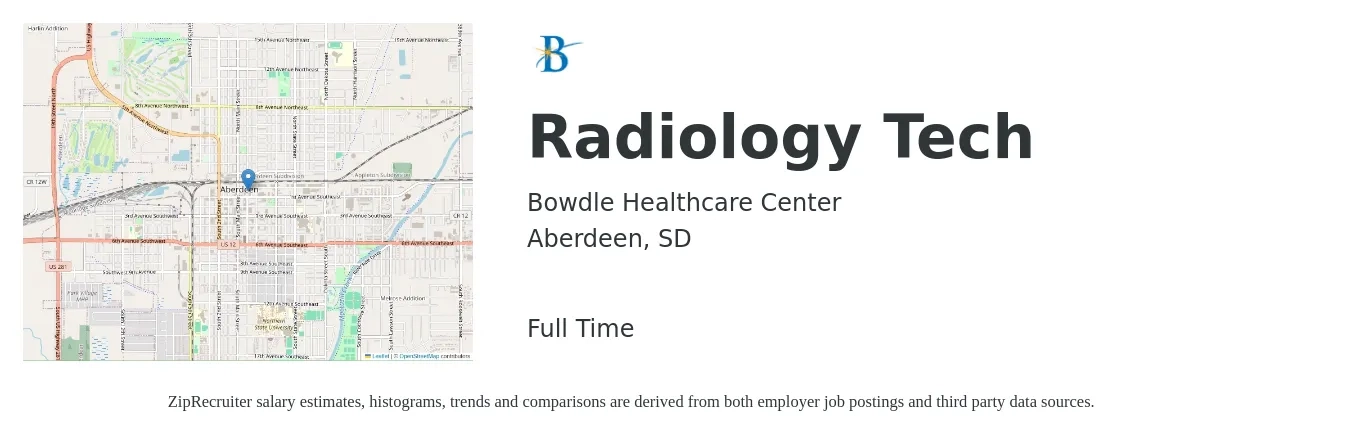 Bowdle Healthcare Center job posting for a Radiology Tech in Aberdeen, SD with a salary of $32 to $59 Hourly with a map of Aberdeen location.