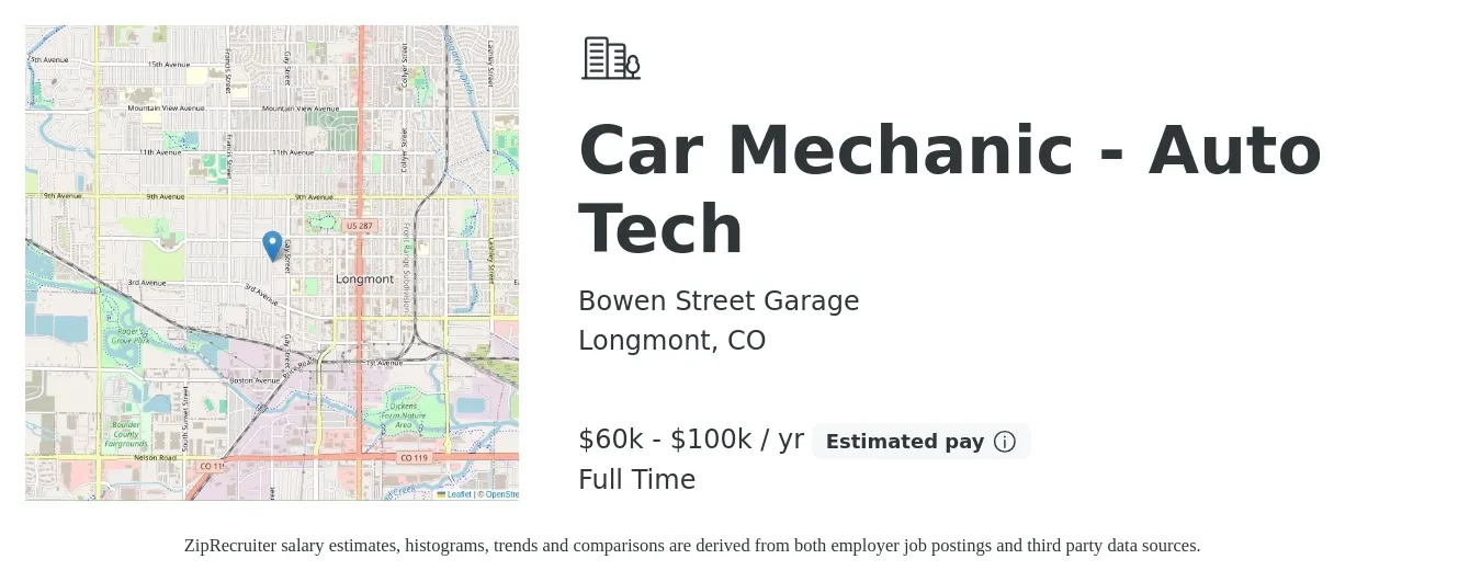 Bowen Street Garage job posting for a Car Mechanic - Auto Tech in Longmont, CO with a salary of $60,000 to $100,000 Yearly with a map of Longmont location.