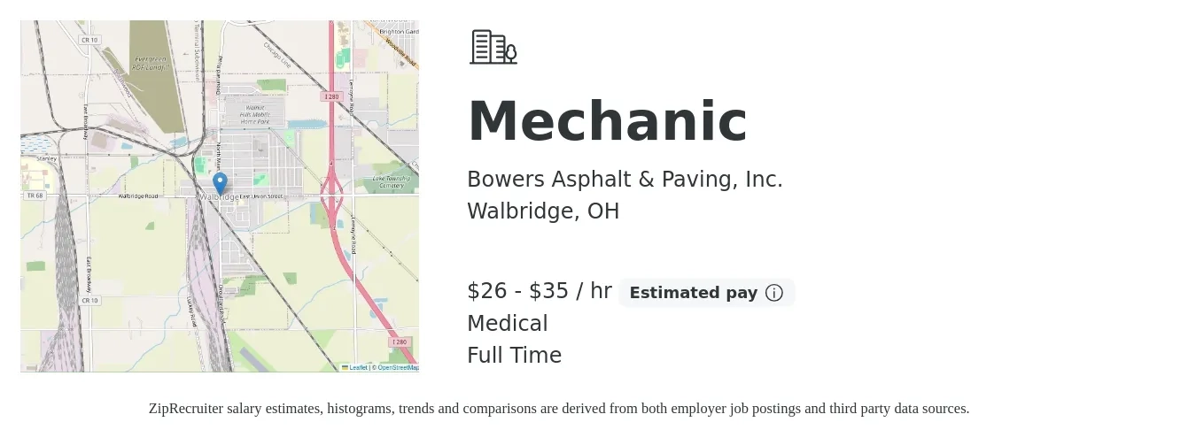 Bowers Asphalt & Paving, Inc. job posting for a Mechanic in Walbridge, OH with a salary of $28 to $37 Hourly and benefits including medical, and retirement with a map of Walbridge location.