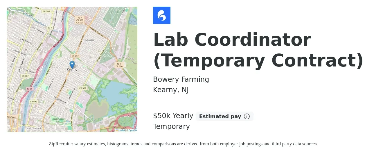 Bowery Farming job posting for a Lab Coordinator (Temporary Contract) in Kearny, NJ with a salary of $50,000 Yearly with a map of Kearny location.
