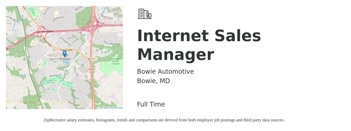 Bowie Automotive job posting for a Internet Sales Manager in Bowie, MD with a salary of $18 to $41 Hourly with a map of Bowie location.