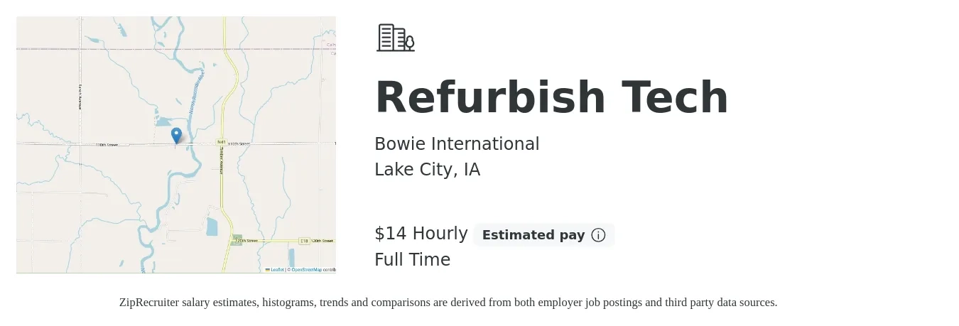 Bowie International job posting for a Refurbish Tech in Lake City, IA with a salary of $15 Hourly with a map of Lake City location.