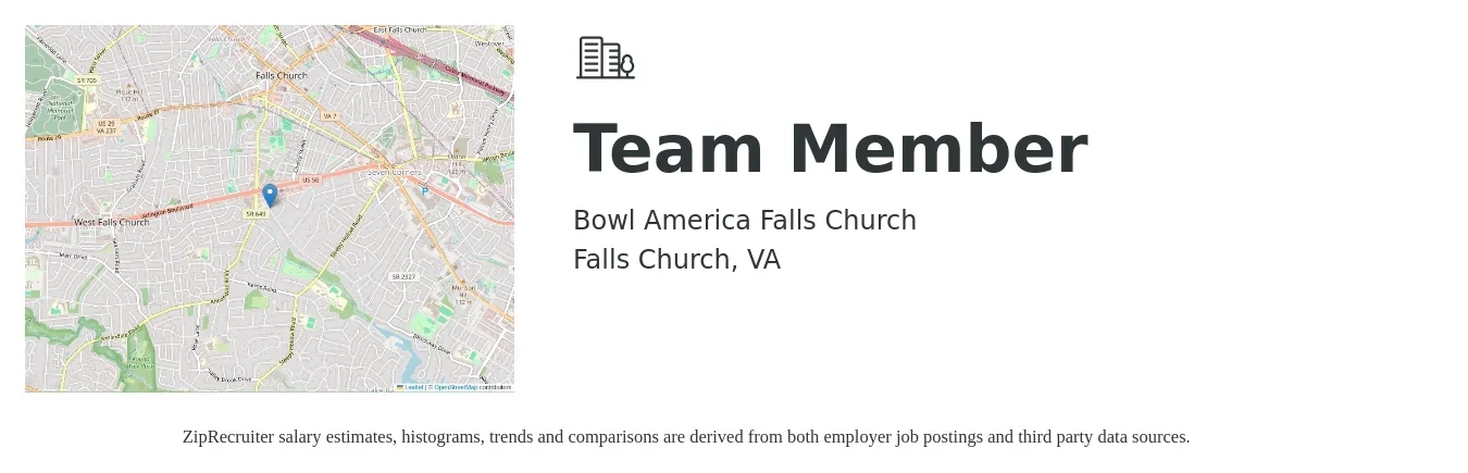 Bowl America Falls Church job posting for a Team Member in Falls Church, VA with a salary of $13 to $17 Hourly with a map of Falls Church location.