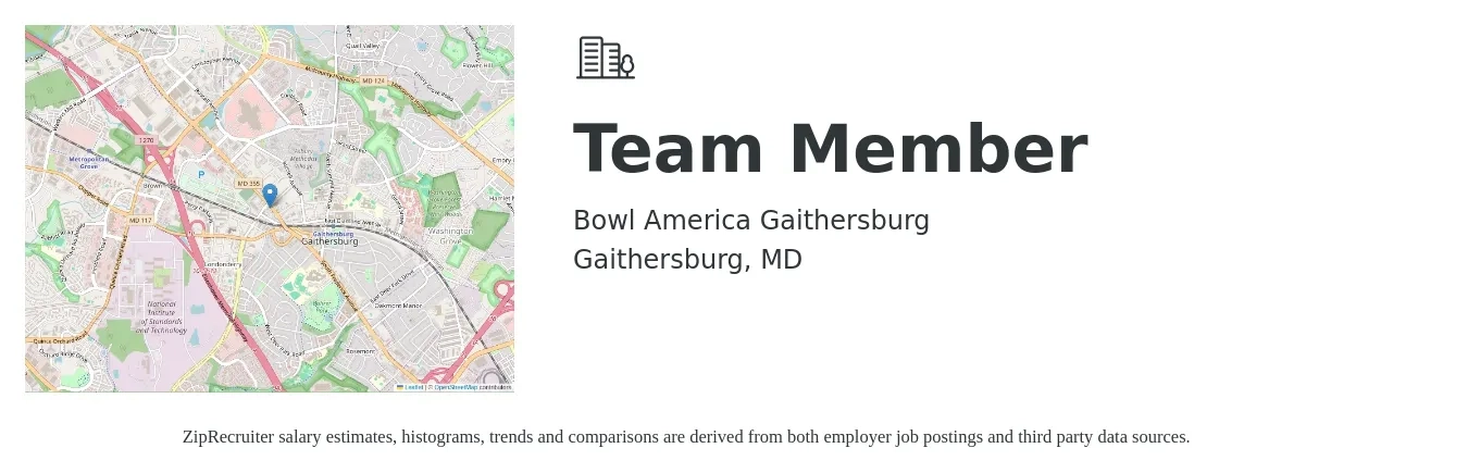 Bowl America Gaithersburg job posting for a Team Member in Gaithersburg, MD with a salary of $13 to $19 Hourly with a map of Gaithersburg location.