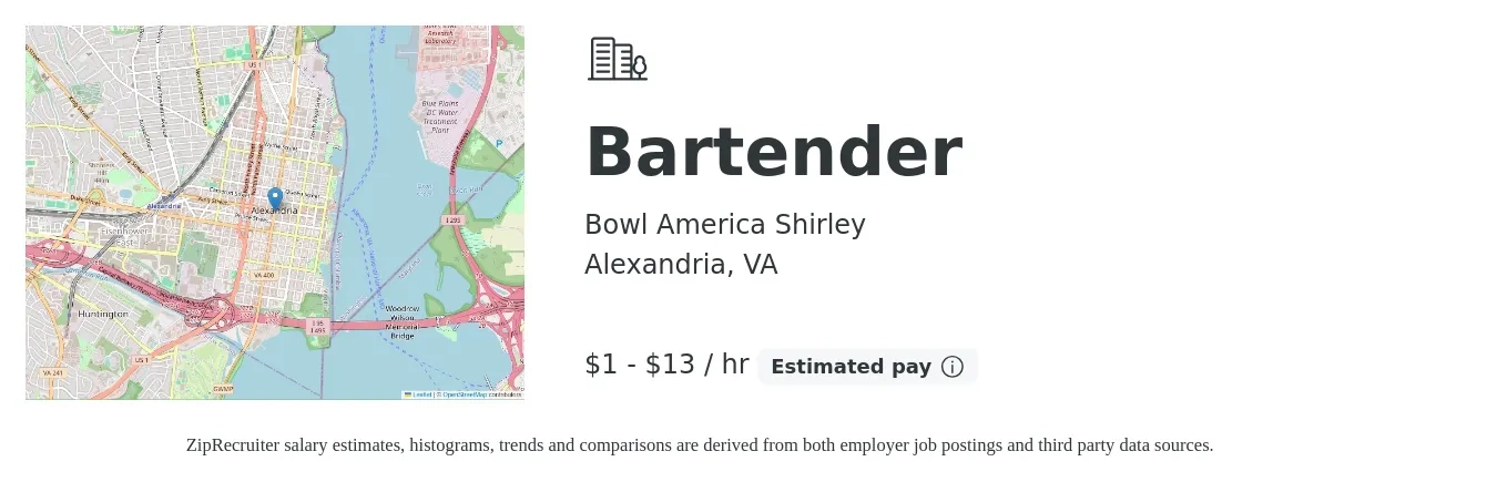 Bowl America Shirley job posting for a Bartender in Alexandria, VA with a salary of $2 to $14 Hourly with a map of Alexandria location.