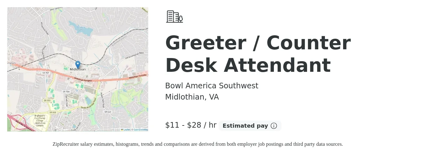 Bowl America Southwest job posting for a Greeter / Counter Desk Attendant in Midlothian, VA with a salary of $12 to $30 Hourly with a map of Midlothian location.