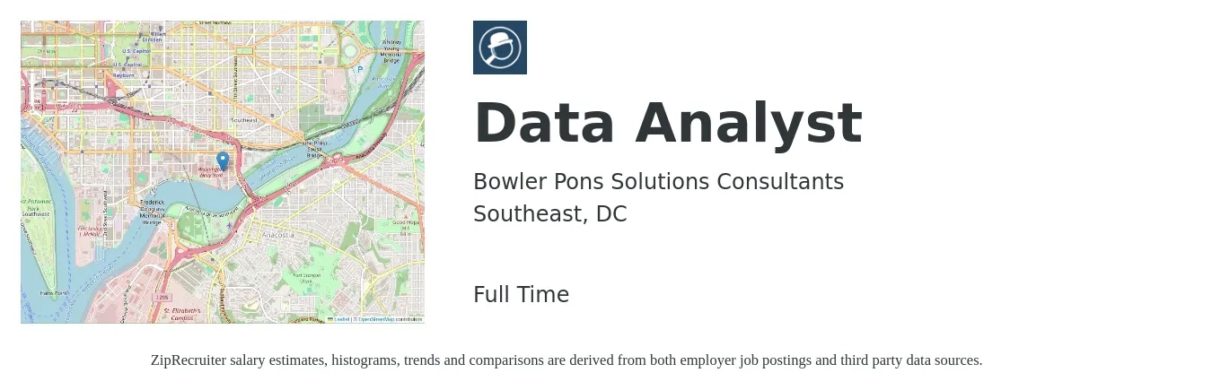 Bowler Pons Solutions Consultants job posting for a Data Analyst in Southeast, DC with a salary of $71,100 to $110,400 Yearly with a map of Southeast location.