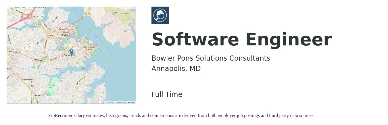 Bowler Pons Solutions Consultants job posting for a Software Engineer in Annapolis, MD with a salary of $118,800 to $171,300 Yearly with a map of Annapolis location.
